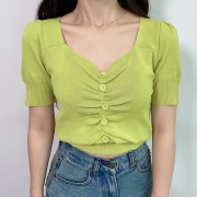 Low v-neck sexy short knitted base shirt solid color new short-sleeved thin fema - Рубашки - короткие - $25.99  ~ 22.32€