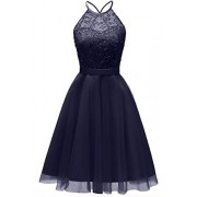 MILANO BRIDE Women's Halter Sleeveless Cocktail Length A-Line Sexy Cross Back for Prom Party Dresses-L-Navy Blue - Obleke - $39.99  ~ 34.35€