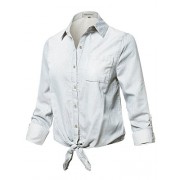 Made by Emma Women's Casual Adjustable Roll Up Sleeves Chest Pocket Front Tie Denim Shirt - Camisas - $17.97  ~ 15.43€