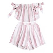 MakeMeChic Women's Sexy Off Shoulder Striped Crop Tops With Shorts - Hlače - dolge - $21.99  ~ 18.89€