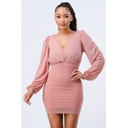 Mauve Lux Mesh Layered Lining V Neck Bubble Slv Bodycon Dress - sukienki - $61.05  ~ 52.43€
