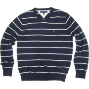 Mens Tommy Hilfiger V-neck Sweater in Navy Blue with Grey Stripes - Pullovers - $57.99 