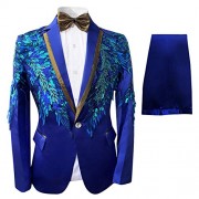 Mens 2 Piece Sequin Slim Fit Dress Suit One Button Floral Dinner Jacket & Pants - Suits - $89.99 