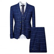 Mens 3 Piece Slim fit Checked Suit Blue/Black Single Breasted Vintage Suits - Suits - $98.99 
