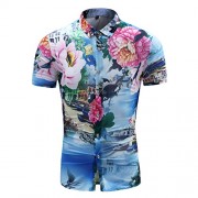 Mens Slim Fit Shirt Floral Printing Point Collar Short Sleeve Button Down Shirt - Shirts - $22.99 
