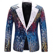 Men's Slim Fit Suit Jacket Casual One Button Shiny Sequin Party Wedding Blazer - Shirts - $62.99  ~ £47.87