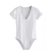 Milumia Women's Deep V Neck Short Sleeve Rolled Cuff Basic Bodysuit Romper - 半袖衫/女式衬衫 - $12.99  ~ ¥87.04