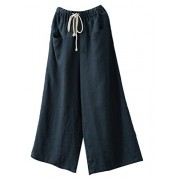 Minibee Women's Linen Wide Leg Pants Elastic Drawstring Lounge Cropped Trousers - Pants - $29.99 