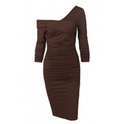 Missufe Ruched Sheath Midi Dress Women's Sexy Ruffle V Neck Off Shoulder - sukienki - $16.99  ~ 14.59€