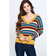 Multi/Mustard Multi-colored Variegated Striped Knit Sweater - Pullovers - $34.10 