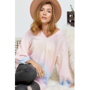 Multi Sherbet Tie Dye Color V Neck Sweater - Pullovers - $41.58 