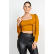 Mustard Geometric Cami Puff Sleeves Blazer Top Set - Jacket - coats - $23.65 