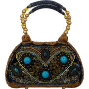 Mystery Turkish Chrysocolla Beaded Hard Case Frame Evening Bag Handbag Purse - Hand bag - $69.99 