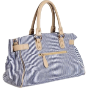 NATESA Chic Large Blue and White Sailor Striped Canvas Padlock Genuine Leather Double Top Handle Satchel Office Tote Shopper Hobo Handbag Purse Shoulder Bag - Hand bag - $45.50 