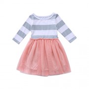 NORAME Baby Toddle Girls Tutu Dress Short Sleeves Stripe Tulle Skirts Mini Dress - Dresses - $3.98 