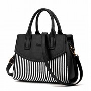 NWT Women Top Handle Bags Bowling Bag Faux Leather Stripe Satchel Shoulder Handbags - Bag - $24.99 