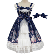 Navy Blue Pink White Ruffled Bow Lolita - Obleke - 