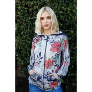 Navy Rust Flower Print Zip-up Contrast Striped Hood Sweater - Pullovers - $33.00 