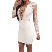 ONTBYB Womens Sexy Lace-up Plunge Neck Long-Sleeved Bodycon Mini Dress - Dresses - $34.51 