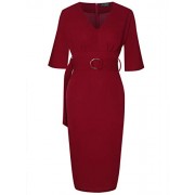 OTEN Women's Classic Cocktail Party Half Sleeve Deep V Neck Bodycon Pencil Dress with Belt - Dresses - $49.99 