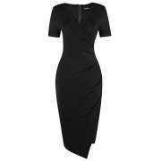 OUGES Womens Deep V-Neck Asymmetrical Fold Sheath Dress - Dresses - $25.99 