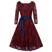 OUGES Women's Half Sleeve Flare Lace Bow Cocktail Party Dress - 连衣裙 - $32.99  ~ ¥221.04