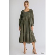 Olive Ruffle Cuffed Long Sleeve Square Neckline Smocked Peasant Midi Dress - Dresses - $68.75 