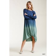 Ombre Front Knot Detail Long Sleeve Maxi Dress With Raw Hem - Dresses - $37.14 