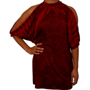 Open Shoulder Tie Neck Sublimation Blouse Junior Plus Size Burgundy - Košulje - kratke - $34.99  ~ 222,28kn