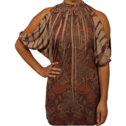 Open Shoulder Tie Neck Sublimation Blouse Junior Plus Size Taupe - Košulje - kratke - $34.99  ~ 222,28kn