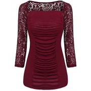 POETSKY Women's Lace Patchwork Front Ruched Square Neck 3/4 Sleeve Blouse - 半袖衫/女式衬衫 - $14.99  ~ ¥100.44