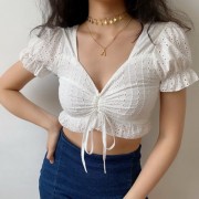 Palace French short section exposed navel V-neck lace shirt female hollow sexy s - Košulje - kratke - $27.99  ~ 177,81kn