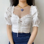 Palace style girl sense lace puff sleeve shirt female chest strap small shirt - Shirts - $32.99 