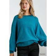 Peacock Puff Sleeve Boat Neck Sweater - Pullovers - $43.45 