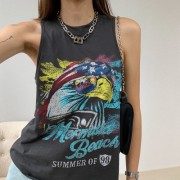 Personalized Eagle Print Sleeveless T-shirt Women's Summer Distressed Retro Gray - Shirts - $25.99 