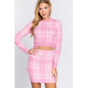 Pink/Ivory Long Slv Check Crop Sweater - Pullovers - $26.95 