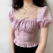 Pink Plaid Cute Bow Top Women's Collar Puff Sleeve Frilled Shirt - Košulje - kratke - $27.99  ~ 177,81kn