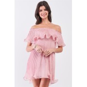 Pink Pleated Off-the-shoulder Double Layered Frill Trim Mini Dress - sukienki - $24.20  ~ 20.79€