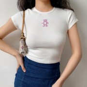 Pink bear embroidery round neck versatile comfortable slim short short-sleeved T - Camicie (corte) - $27.99  ~ 24.04€