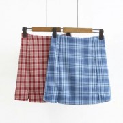 Plaid Skirt Women's Retro High Waist Double Split Slim Fit Hip Skirt Skirt - Skirts - $25.99 