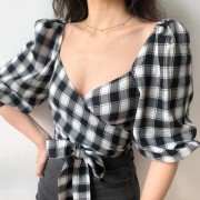 Plaid cropped sleeves straps shirt navel - Košulje - kratke - $27.99  ~ 177,81kn