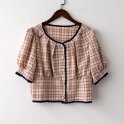 Plaid short top with pearl buckle - Shirts - $19.99 