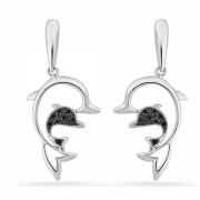 Platinum Plated Sterling Silver Black Round Diamond Dolphin Earring (0.07 CTTW) - Kolczyki - $49.00  ~ 42.09€