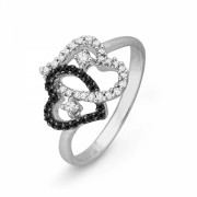 Platinum Plated Sterling Silver Round Diamond Black And White Double Heart Ring (1/5 cttw) - Anelli - $82.50  ~ 70.86€