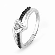 Platinum Plated Sterling Silver Round Diamond Black And White Heart Promise Ring (1/10 cttw) - Rings - $61.50 