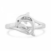 Platinum Plated Sterling Silver Round Diamond Dolphin Fashion Ring (0.016 cttw) - Obroči - $39.00  ~ 33.50€