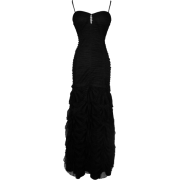 Pleated Scalloped Mesh Full Length Gown With Spaghetti Straps Black - Dresses - $124.99 