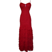 Pleated Scalloped Mesh Full Length Gown With Spaghetti Straps Red - Dresses - $124.99 