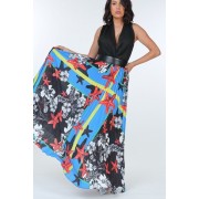 Pleated Print Maxi Skirt With Leather Waist Band - Dresses - $60.50 