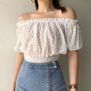 Pleated waist-collared off-shoulder summer short-sleeved shirt - Camicie (corte) - $27.99  ~ 24.04€